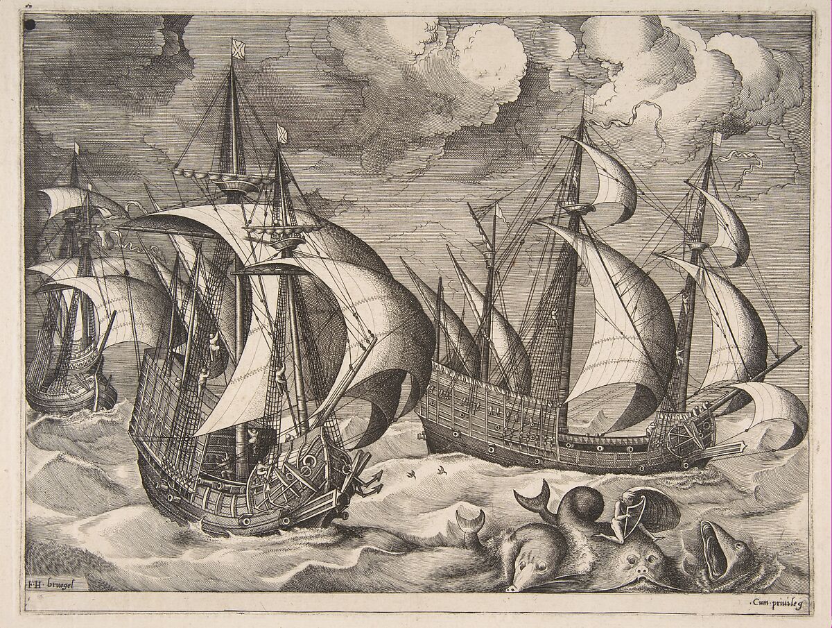 Three Caravels in a Rising Squall with Arion on a Dolphin from "The Sailing Vessels", Pieter Bruegel the Elder (Netherlandish, Breda (?) ca. 1525–1569 Brussels), Engraving and etching; first state of six 