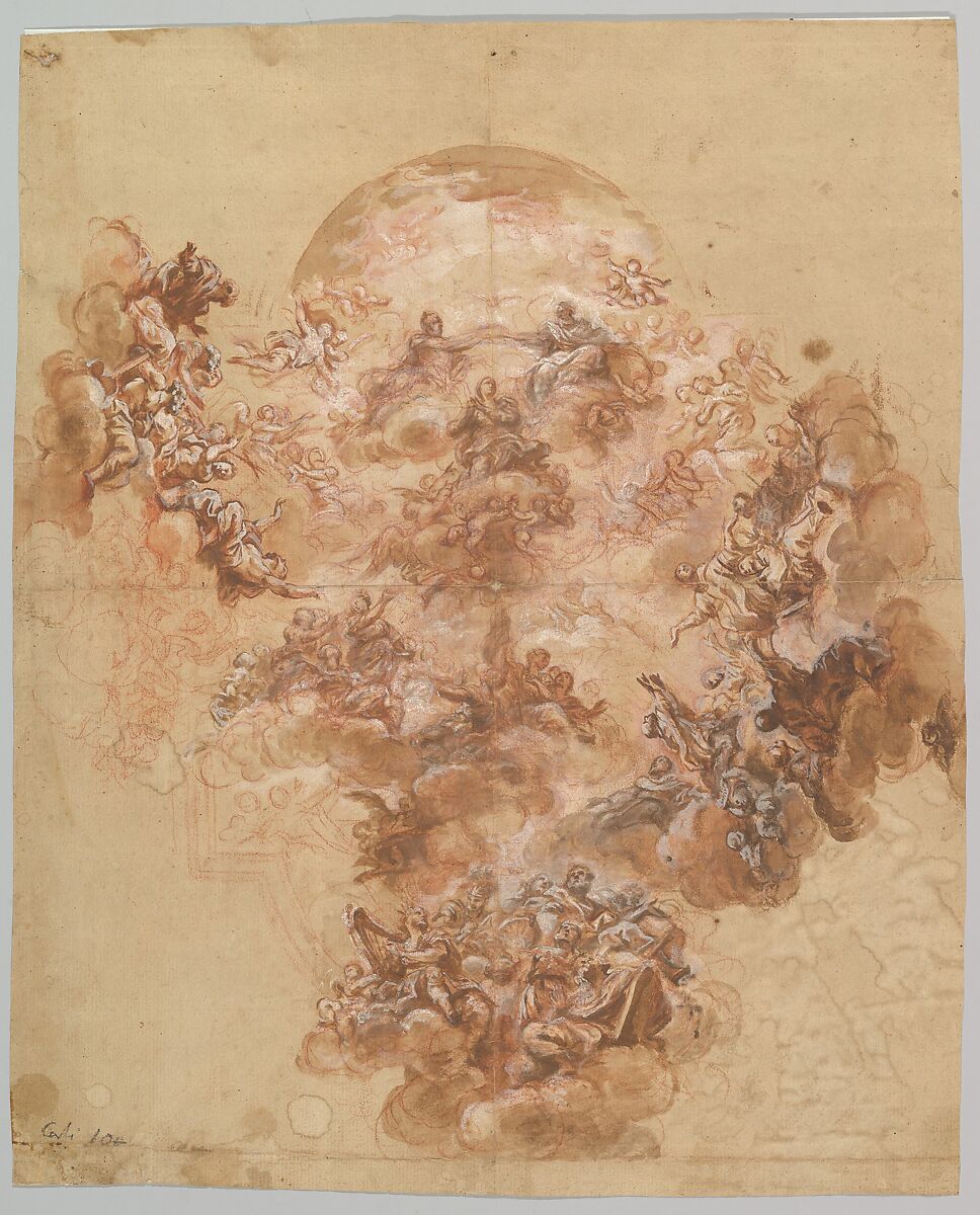 Study for a Ceiling Decoration: Coronation of the Virgin (recto); Female Head (verso), attributed to Giacinto Brandi (Italian, Rome 1621–1691 Rome), Red chalk, brush and brown wash, highlighted with white, on brownish paper (recto); red chalk study of a female head (verso) 