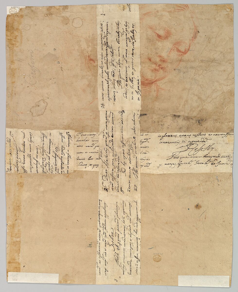 Study for a Ceiling Decoration: Coronation of the Virgin (recto); Female Head (verso), attributed to Giacinto Brandi (Italian, Rome 1621–1691 Rome), Red chalk, brush and brown wash, highlighted with white, on brownish paper (recto); red chalk study of a female head (verso)