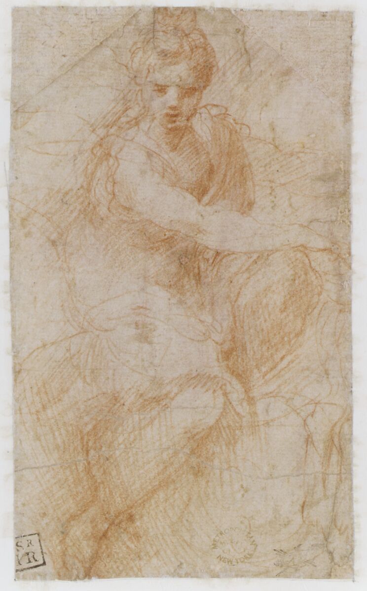 Seated Goddess Diana (recto); Studies of a Nude Male Torso Seen from the Rear, and a leg (verso), Parmigianino (Girolamo Francesco Maria Mazzola) (Italian, Parma 1503–1540 Casalmaggiore), Red chalk