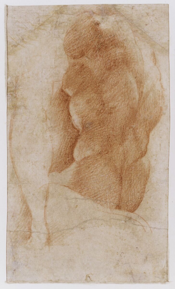 Seated Goddess Diana (recto); Studies of a Nude Male Torso Seen from the Rear, and a leg (verso), Parmigianino (Girolamo Francesco Maria Mazzola) (Italian, Parma 1503–1540 Casalmaggiore), Red chalk