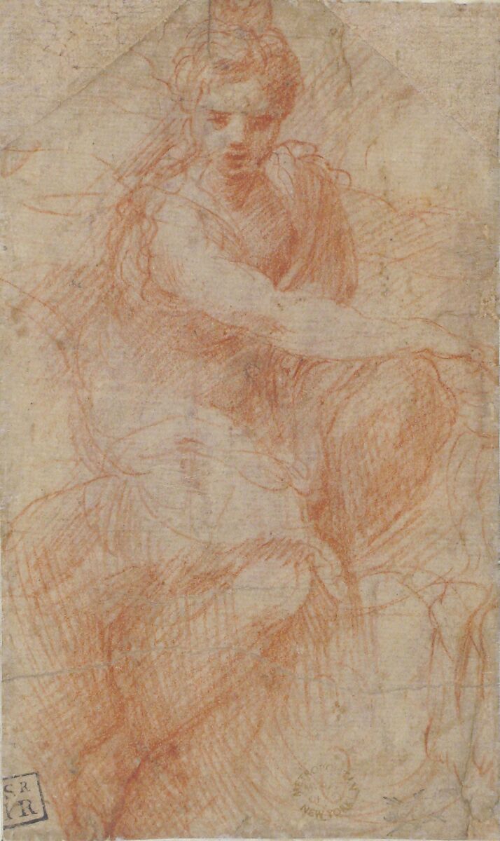 Seated Goddess Diana (recto); Studies of a Nude Male Torso Seen from the Rear, and a leg (verso), Parmigianino (Girolamo Francesco Maria Mazzola) (Italian, Parma 1503–1540 Casalmaggiore), Red chalk