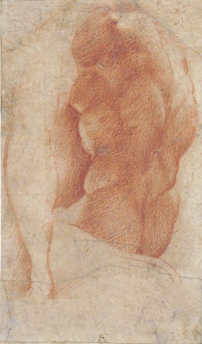 Seated Goddess Diana (recto); Studies of a Nude Male Torso Seen from the Rear, and a leg (verso), Parmigianino (Girolamo Francesco Maria Mazzola) (Italian, Parma 1503–1540 Casalmaggiore), Red chalk
