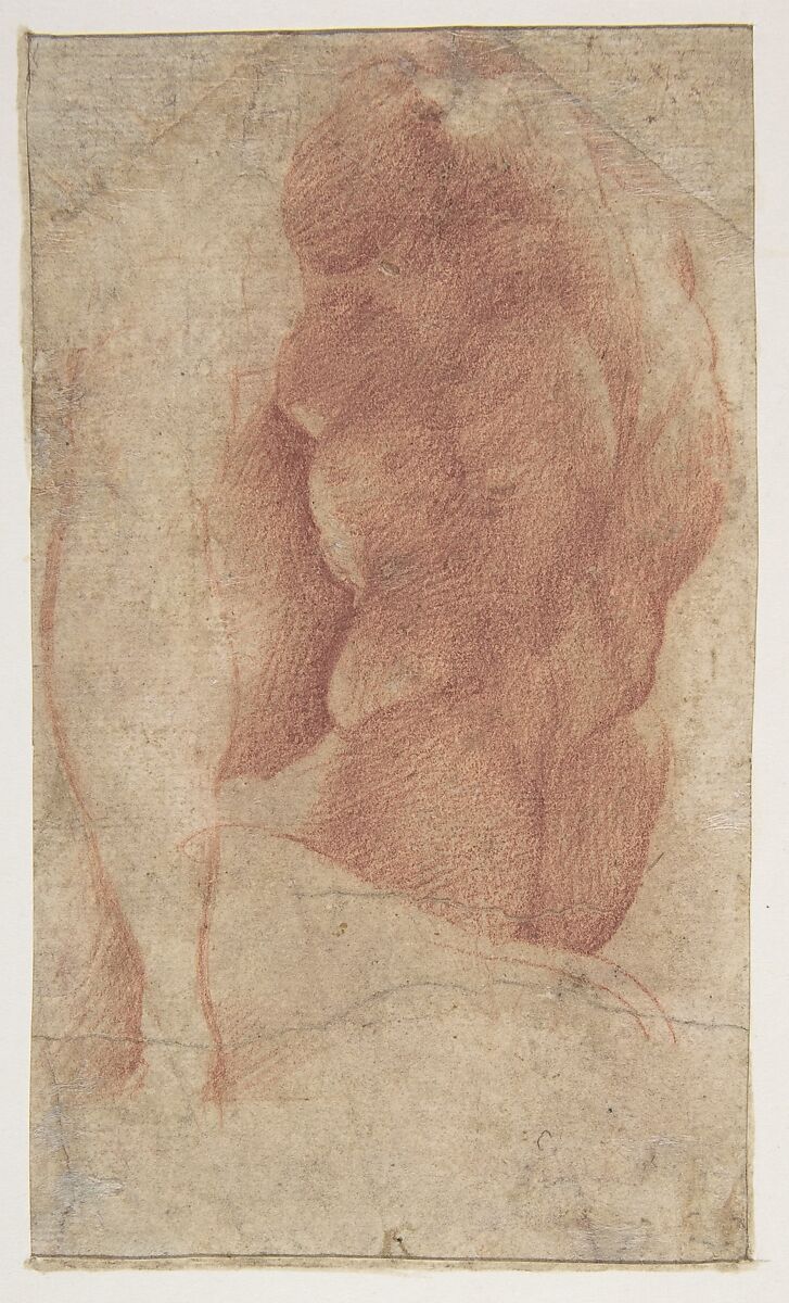 Seated Goddess Diana (recto); Studies of a Nude Male Torso Seen from the Rear, and a leg (verso), Parmigianino (Girolamo Francesco Maria Mazzola) (Italian, Parma 1503–1540 Casalmaggiore), Red chalk