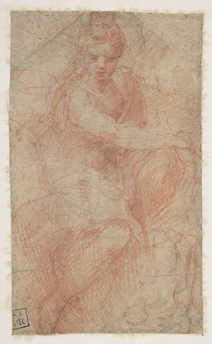 Seated Goddess Diana (recto); Studies of a Nude Male Torso Seen from the Rear, and a leg (verso), Parmigianino (Girolamo Francesco Maria Mazzola) (Italian, Parma 1503–1540 Casalmaggiore), Red chalk 