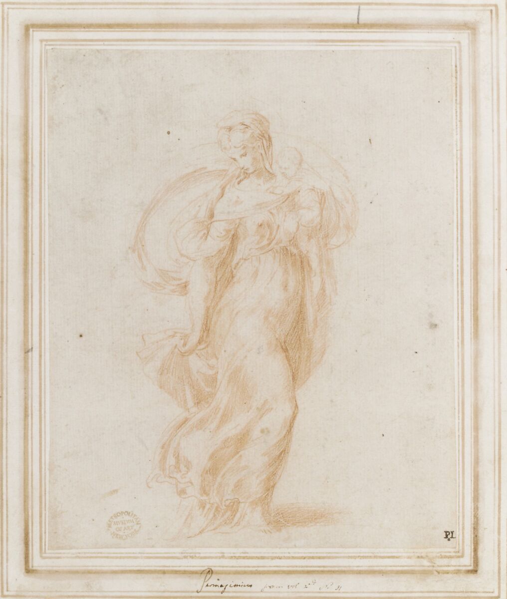The Virgin Walking to the Right Carrying the Christ Child, Parmigianino (Girolamo Francesco Maria Mazzola) (Italian, Parma 1503–1540 Casalmaggiore), Red chalk, over stylus sketch