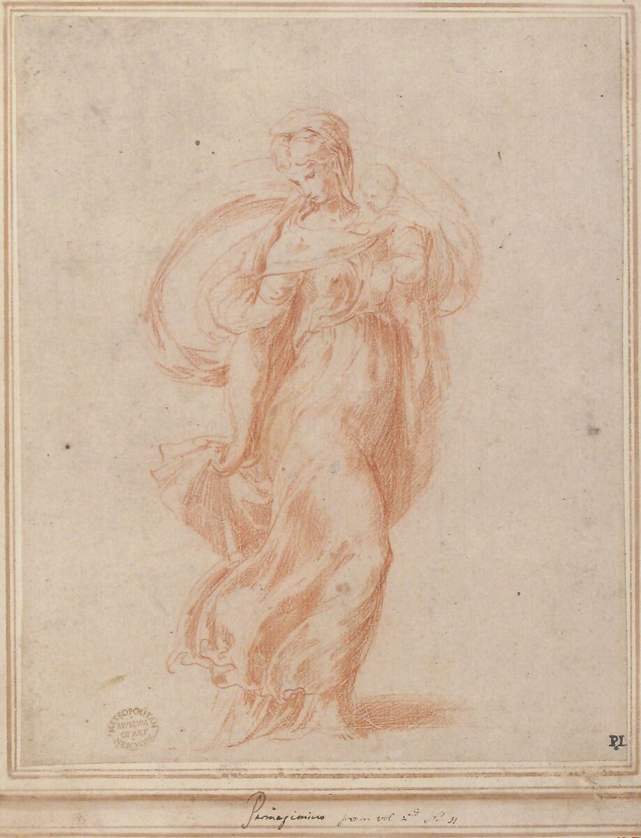 The Virgin Walking to the Right Carrying the Christ Child, Parmigianino (Girolamo Francesco Maria Mazzola) (Italian, Parma 1503–1540 Casalmaggiore), Red chalk, over stylus sketch