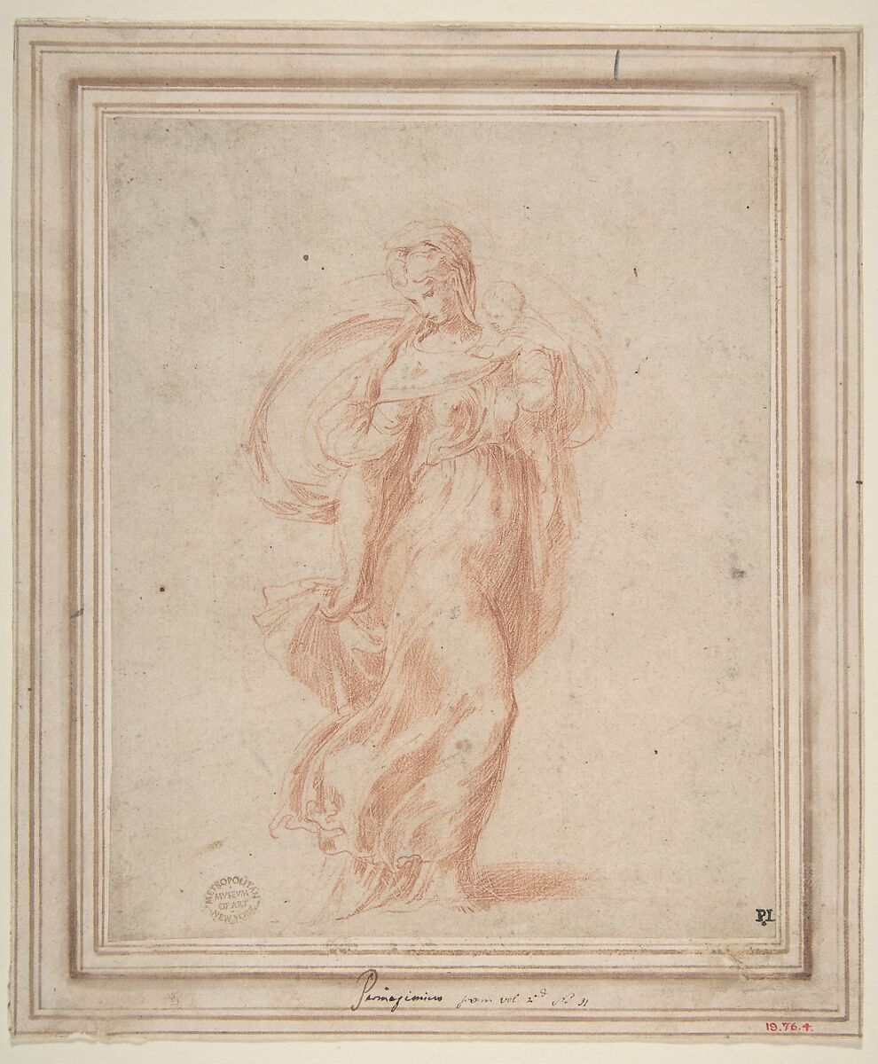 The Virgin Walking to the Right Carrying the Christ Child, Parmigianino (Girolamo Francesco Maria Mazzola) (Italian, Parma 1503–1540 Casalmaggiore), Red chalk, over stylus sketch 