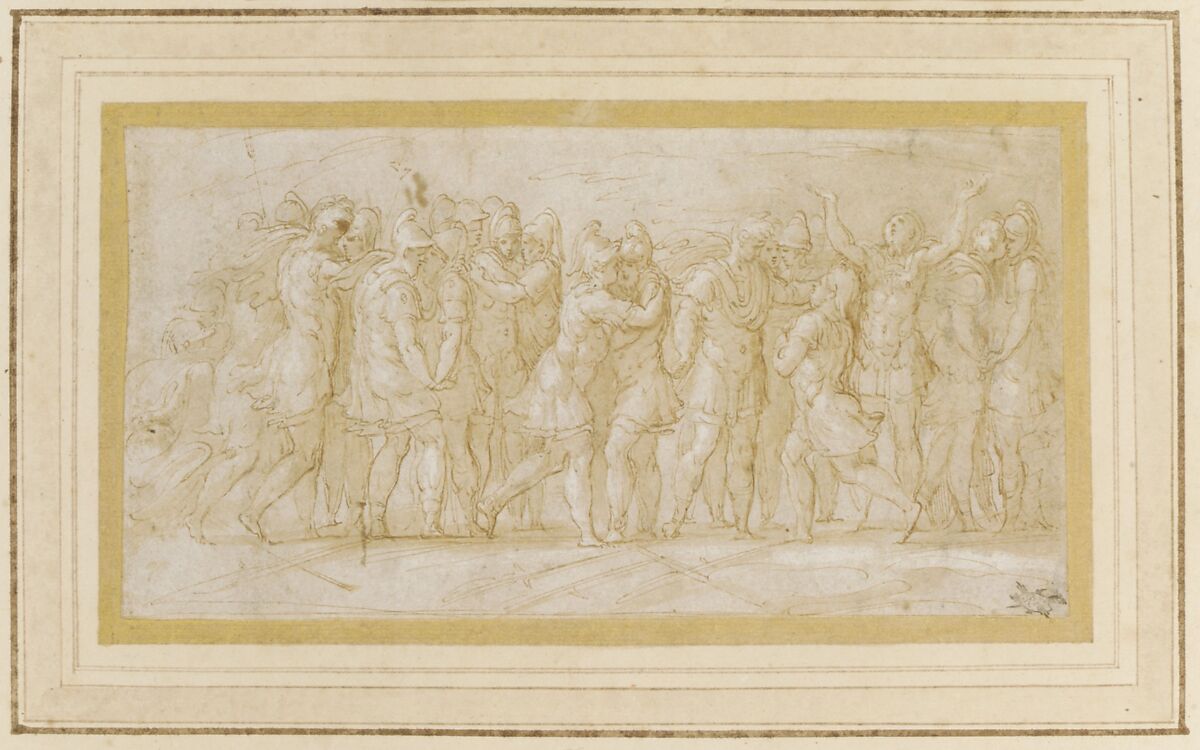 Roman or Greek Warriors Celebrating after a Victory., Parmigianino (Girolamo Francesco Maria Mazzola) (Italian, Parma 1503–1540 Casalmaggiore), Pen and brown ink, brush and brown wash, highlighted with white gouache, on beige paper