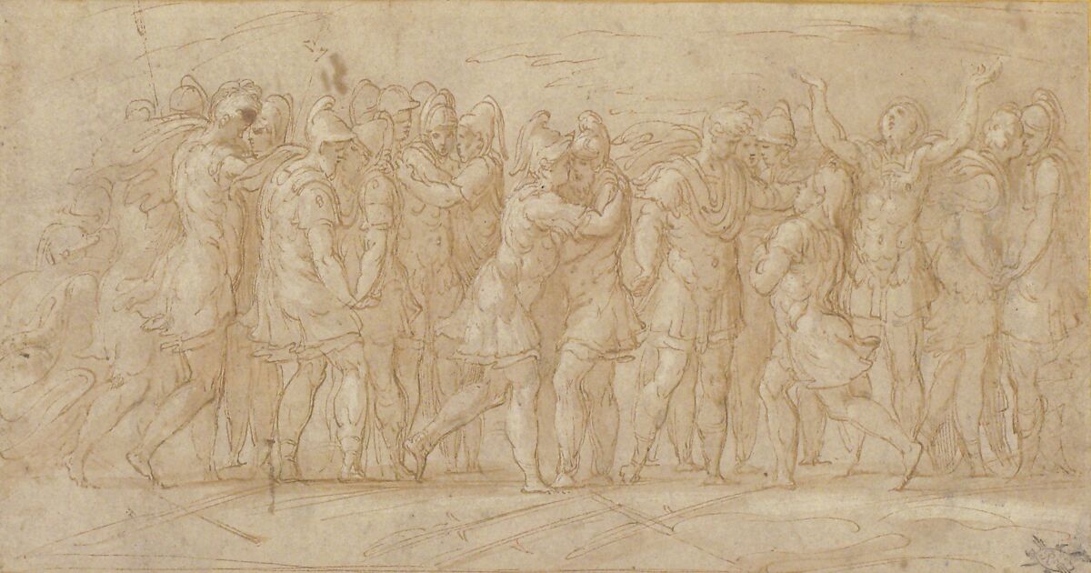 Roman or Greek Warriors Celebrating after a Victory., Parmigianino (Girolamo Francesco Maria Mazzola) (Italian, Parma 1503–1540 Casalmaggiore), Pen and brown ink, brush and brown wash, highlighted with white gouache, on beige paper
