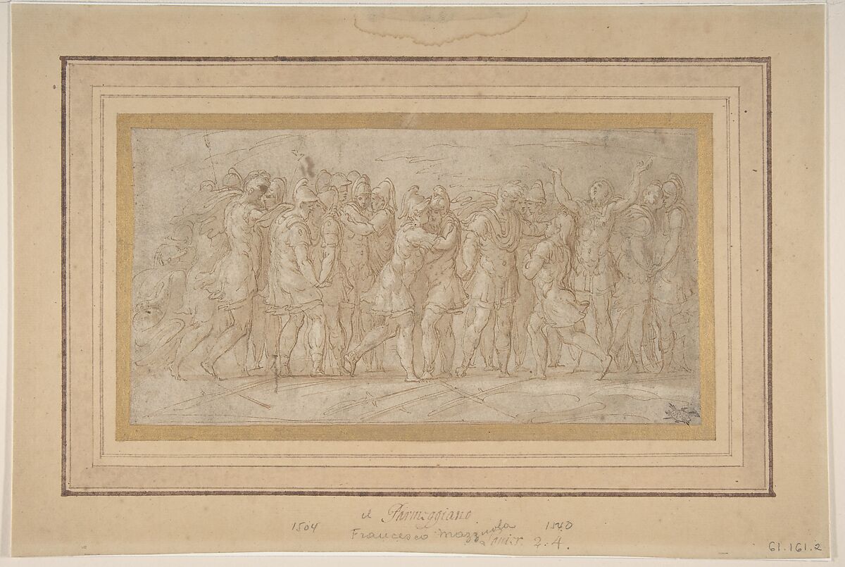 Roman or Greek Warriors Celebrating after a Victory., Parmigianino (Girolamo Francesco Maria Mazzola) (Italian, Parma 1503–1540 Casalmaggiore), Pen and brown ink, brush and brown wash, highlighted with white gouache, on beige paper 