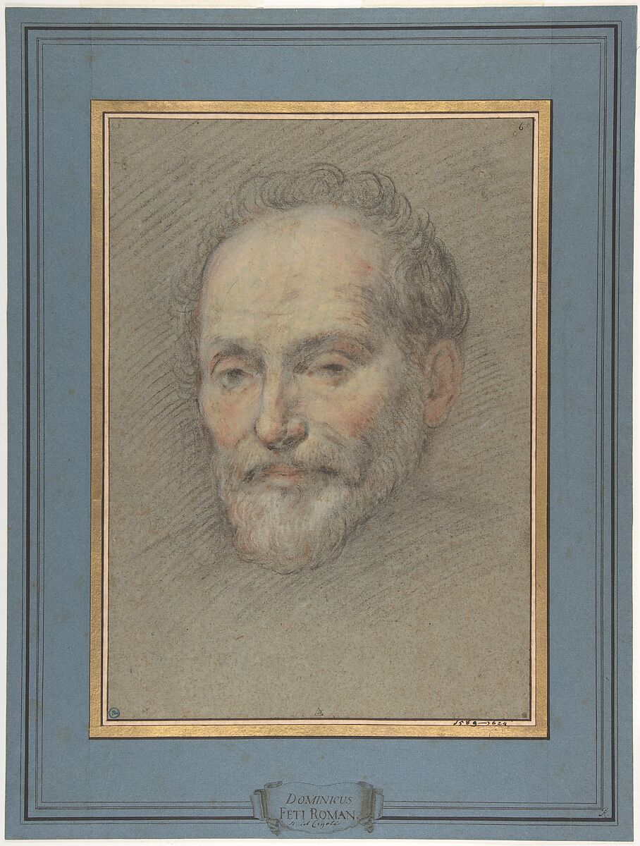 Head of a Bearded Man, Domenico Fetti (Italian, Rome (?) 1591/92–1623 Venice), Black chalk, red, yellow, and pink pastel, highlighted with white on gray-green paper 