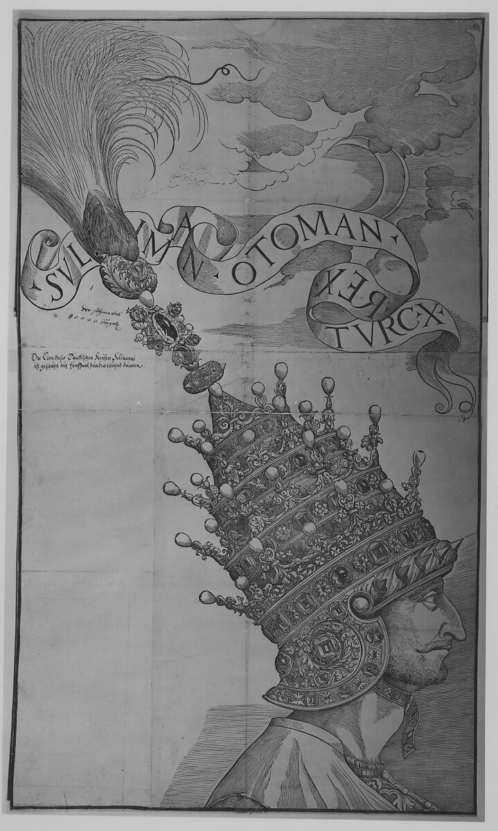 Sultan Suleyman the Magnificent Wearing the Jewel-Studded Helmet, Anonymous, Italian, Venetian, 16th century, Woodcut