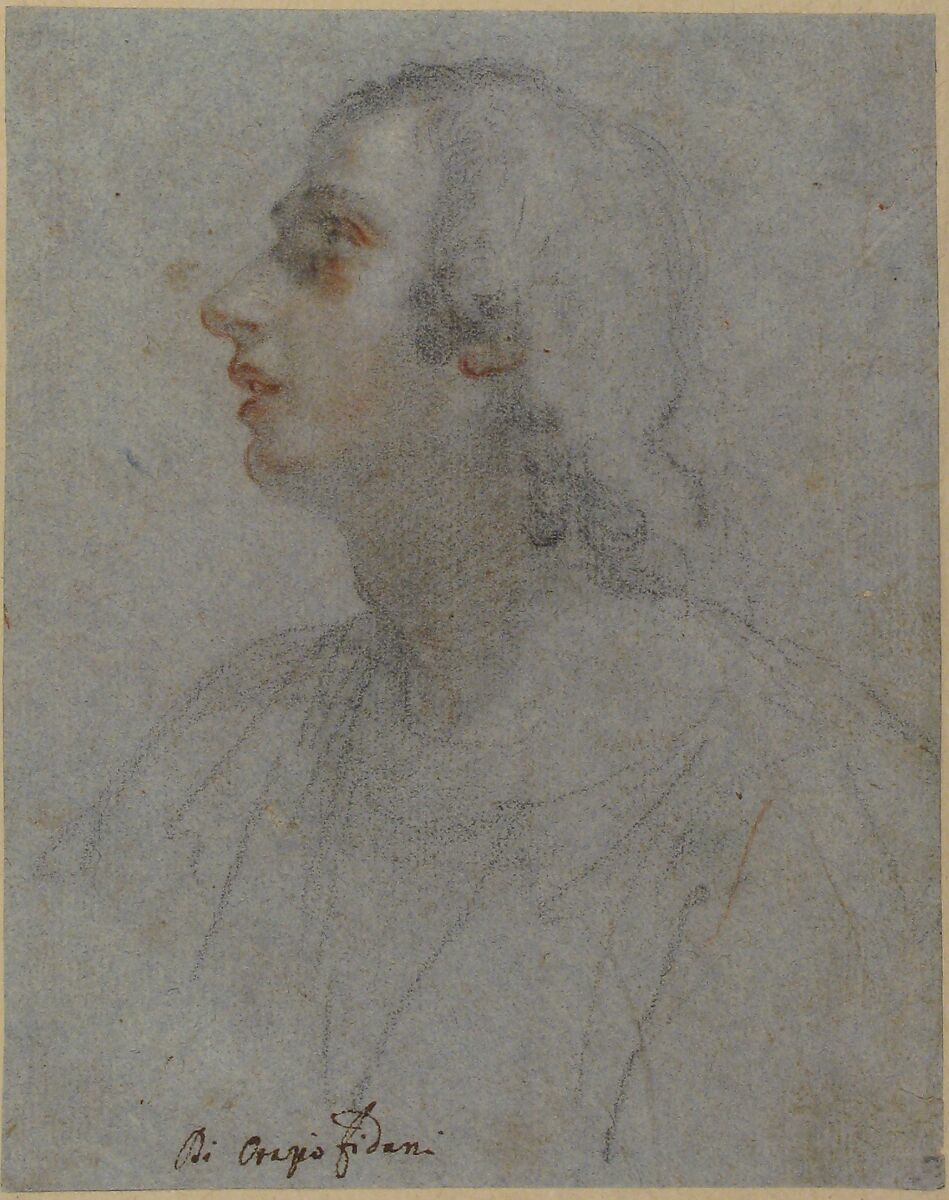 Bust of a Youth Looking to Upper Left (recto); Study of Drapery (verso), Orazio Fidani (Italian, Florence 1606–1656 Florence), Black and red chalk, on blue paper (recto); slight study of drapery (?) in black chalk (verso)