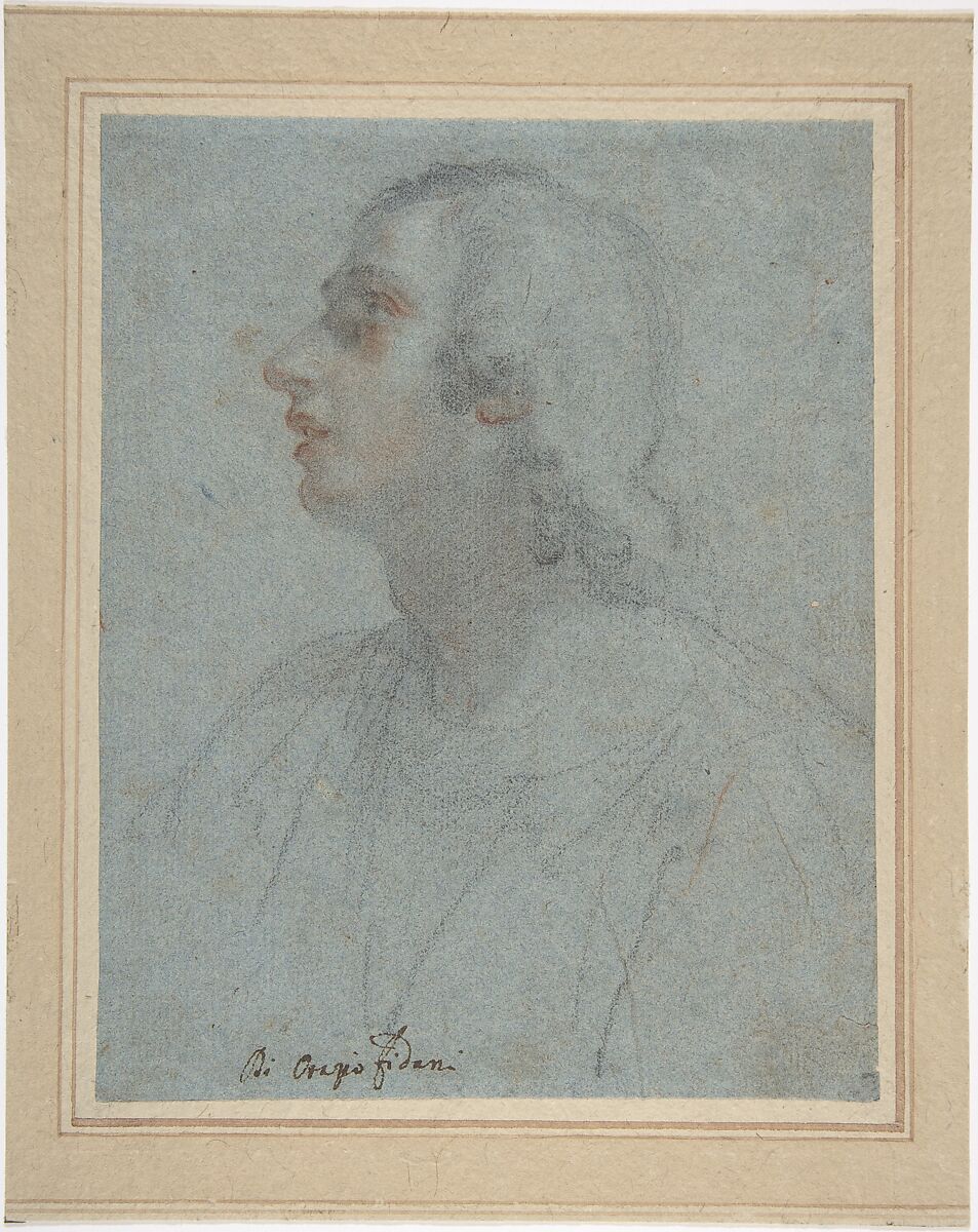 Bust of a Youth Looking to Upper Left (recto); Study of Drapery (verso), Orazio Fidani (Italian, Florence 1606–1656 Florence), Black and red chalk, on blue paper (recto); slight study of drapery (?) in black chalk (verso) 