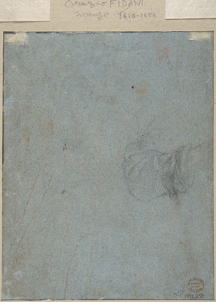 Bust of a Youth Looking to Upper Left (recto); Study of Drapery (verso), Orazio Fidani (Italian, Florence 1606–1656 Florence), Black and red chalk, on blue paper (recto); slight study of drapery (?) in black chalk (verso)