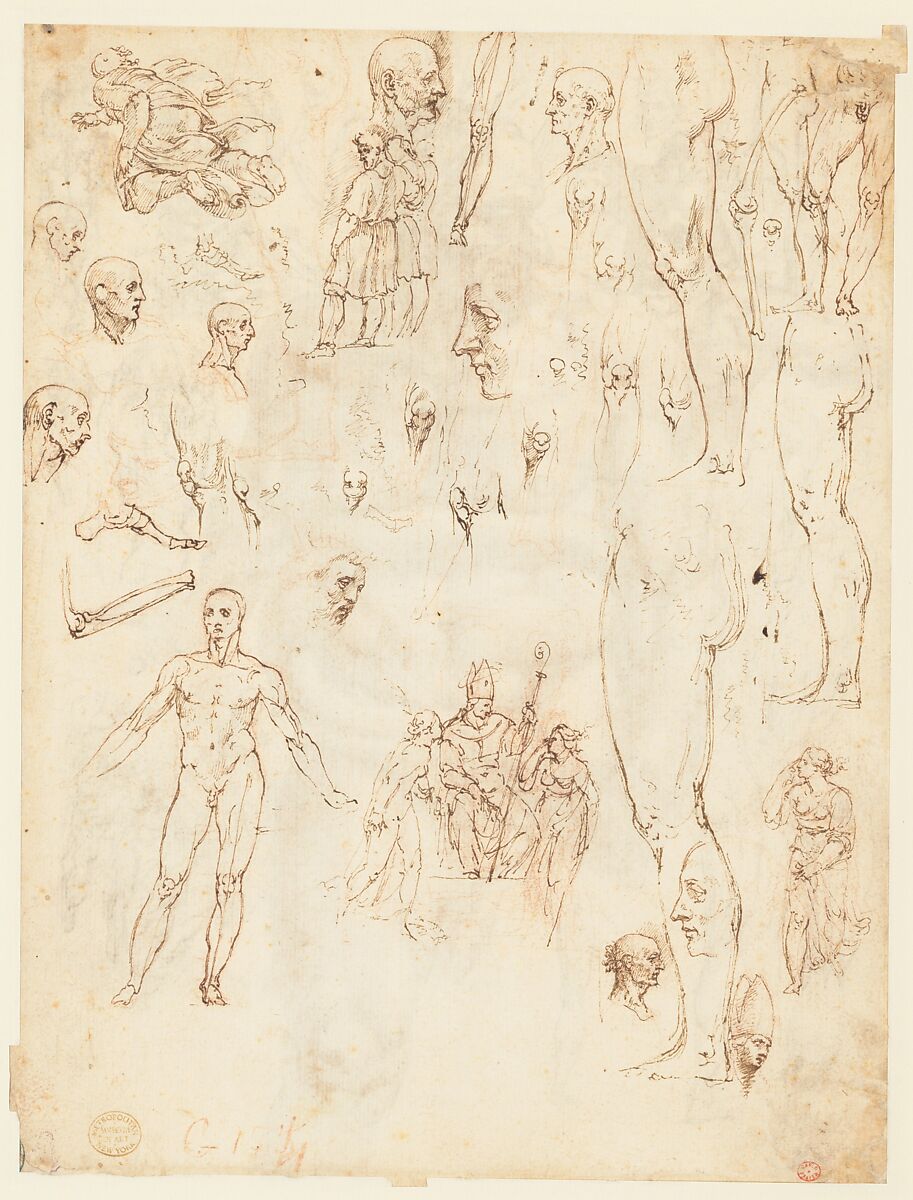 Nude Demon Encircled by a Serpent, after Michelangelo's Last Judgment; and Other Figure Studies (recto); Figure Studies (verso), Giovanni Ambrogio Figino (Italian, Milan 1548–1608 Milan), Pen and brown ink, brush and brown wash, over red chalk (recto); pen and brown ink, over red chalk (verso)