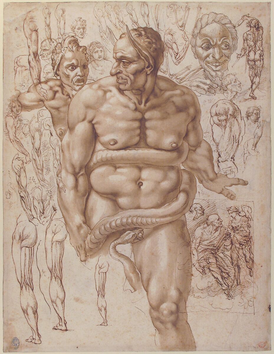 Nude Demon Encircled by a Serpent, after Michelangelo's Last Judgment; and Other Figure Studies (recto); Figure Studies (verso), Giovanni Ambrogio Figino (Italian, Milan 1548–1608 Milan), Pen and brown ink, brush and brown wash, over red chalk (recto); pen and brown ink, over red chalk (verso)