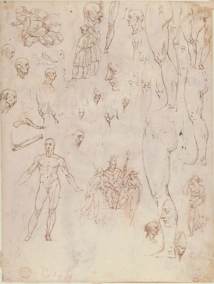 Nude Demon Encircled by a Serpent, after Michelangelo's Last Judgment; and Other Figure Studies (recto); Figure Studies (verso), Giovanni Ambrogio Figino (Italian, Milan 1548–1608 Milan), Pen and brown ink, brush and brown wash, over red chalk (recto); pen and brown ink, over red chalk (verso)