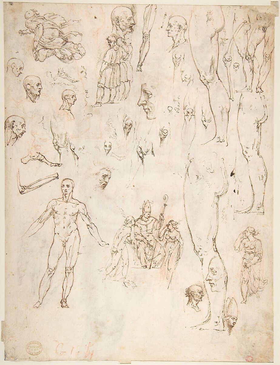 Nude Demon Encircled by a Serpent, after Michelangelo's Last Judgment; and Other Figure Studies (recto); Figure Studies (verso), Giovanni Ambrogio Figino (Italian, Milan 1548–1608 Milan), Pen and brown ink, brush and brown wash, over red chalk (recto); pen and brown ink, over red chalk (verso)
