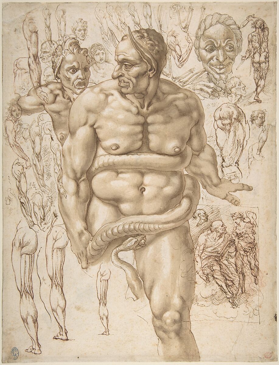 Nude Demon Encircled by a Serpent, after Michelangelo's Last Judgment; and Other Figure Studies (recto); Figure Studies (verso), Giovanni Ambrogio Figino (Italian, Milan 1548–1608 Milan), Pen and brown ink, brush and brown wash, over red chalk (recto); pen and brown ink, over red chalk (verso) 
