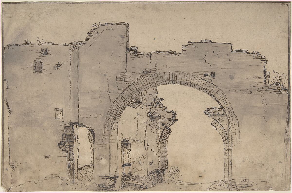 Study of Ruins, attributed to Filippo Napoletano (Filippo Angeli) (Italian, Rome ca. 1589–1629 Rome (?)), Pen and dark brown ink, brush and gray wash 