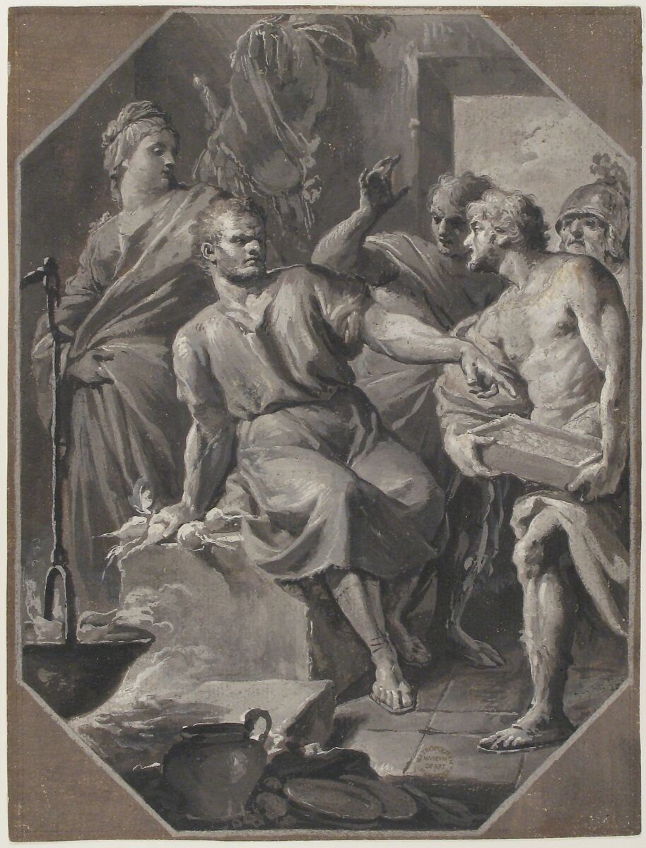 Manius Curius Dentatus Refusing the Presents of the Samnite Ambassadors, Fedele Fischetti (Italian, Naples 1732–1792 Naples), Brush and black, gray, and white gouache, on paper prepared with gray-brown gouache