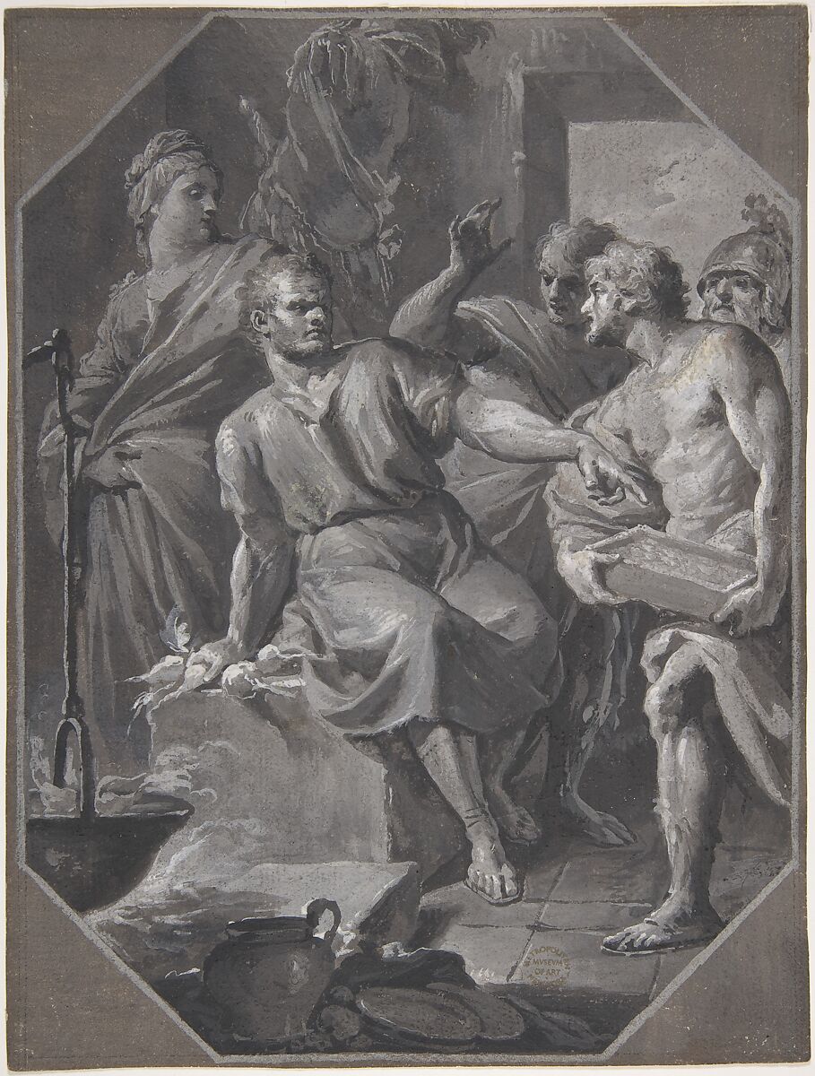 Manius Curius Dentatus Refusing the Presents of the Samnite Ambassadors, Fedele Fischetti (Italian, Naples 1732–1792 Naples), Brush and black, gray, and white gouache, on paper prepared with gray-brown gouache 