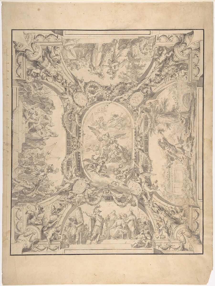 Design for a Ceiling: Jason and the Golden Fleece, Fedele Fischetti (Italian, Naples 1732–1792 Naples), Pen and gray ink, brush and gray wash, on pale beige paper. Framing lines in pen and black ink 