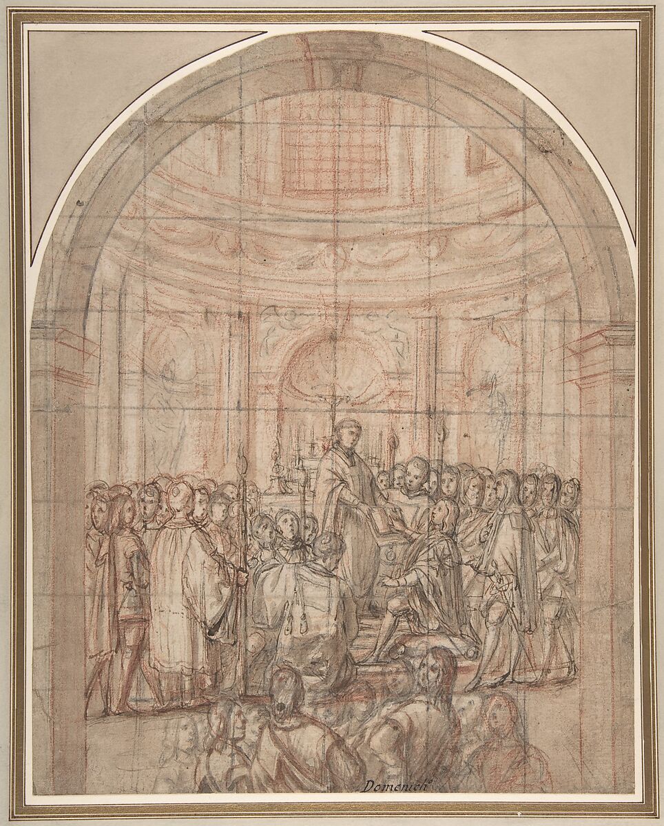 The Swearing In of a Knight of the Tuscan Order of Saint Stephen (or Malta), Anonymous, Italian, 17th century (Florentine), Pen and brown ink, brush brown wash, over red and black chalk. Squared in black chalk 