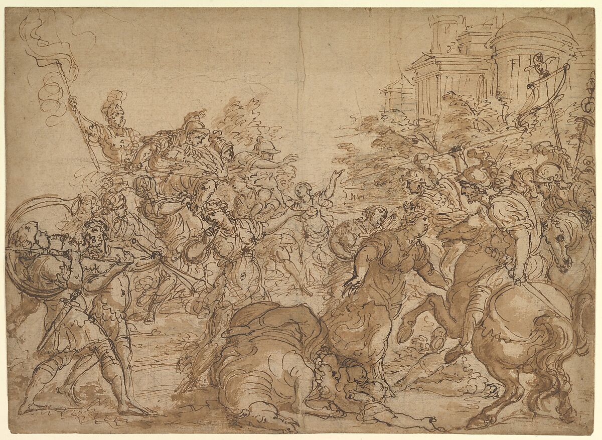 The Sabine Women Pleading for Peace., Giovanni Battista Foggini (Italian, Florence 1652–1725 Florence), Pen and brown ink, brush and brown wash, over black chalk, on brownish paper 
