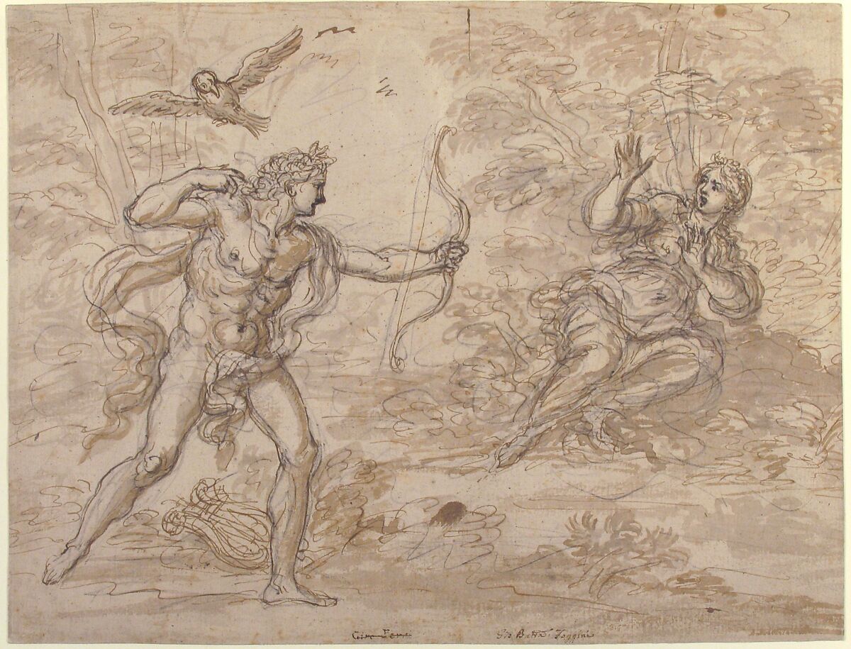 Apollo and Coronis, Giovanni Battista Foggini (Italian, Florence 1652–1725 Florence), Pen and brown ink, brush and brown wash, over black chalk