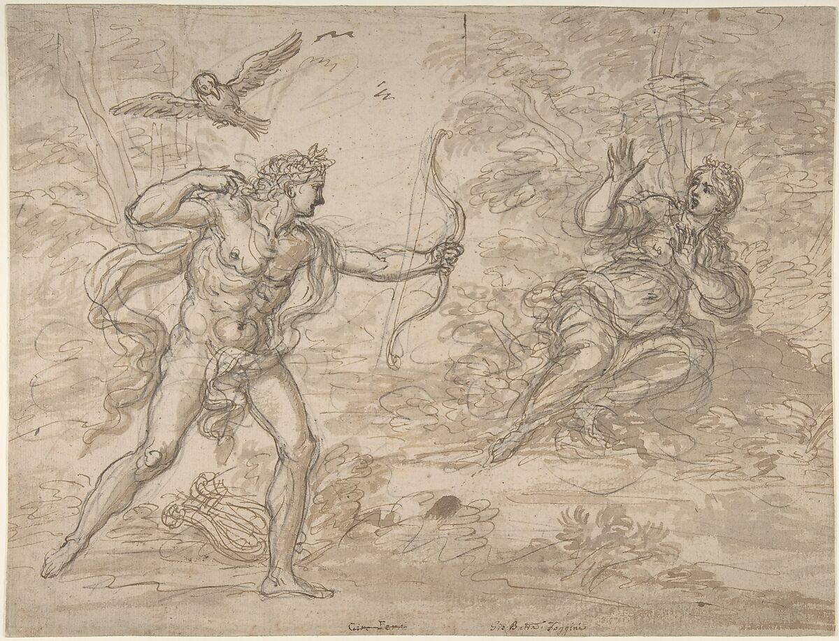 Apollo and Coronis., Giovanni Battista Foggini (Italian, Florence 1652–1725 Florence), Pen and brown ink, brush and brown wash, over black chalk 