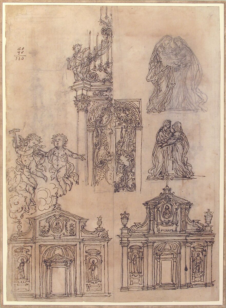 A Sheet of Studies with Architectural Motifs and Two Sketches for a Visitation (recto); Sketch for a Funerary Monument (verso), Giovanni Battista Foggini (Italian, Florence 1652–1725 Florence), Pen and brown ink, over black chalk (recto); black chalk (verso)
