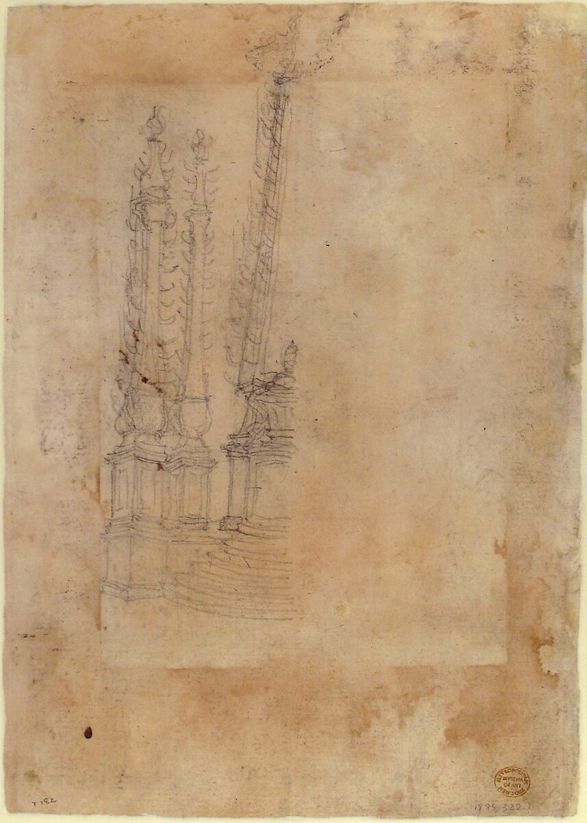 A Sheet of Studies with Architectural Motifs and Two Sketches for a Visitation (recto); Sketch for a Funerary Monument (verso), Giovanni Battista Foggini (Italian, Florence 1652–1725 Florence), Pen and brown ink, over black chalk (recto); black chalk (verso)