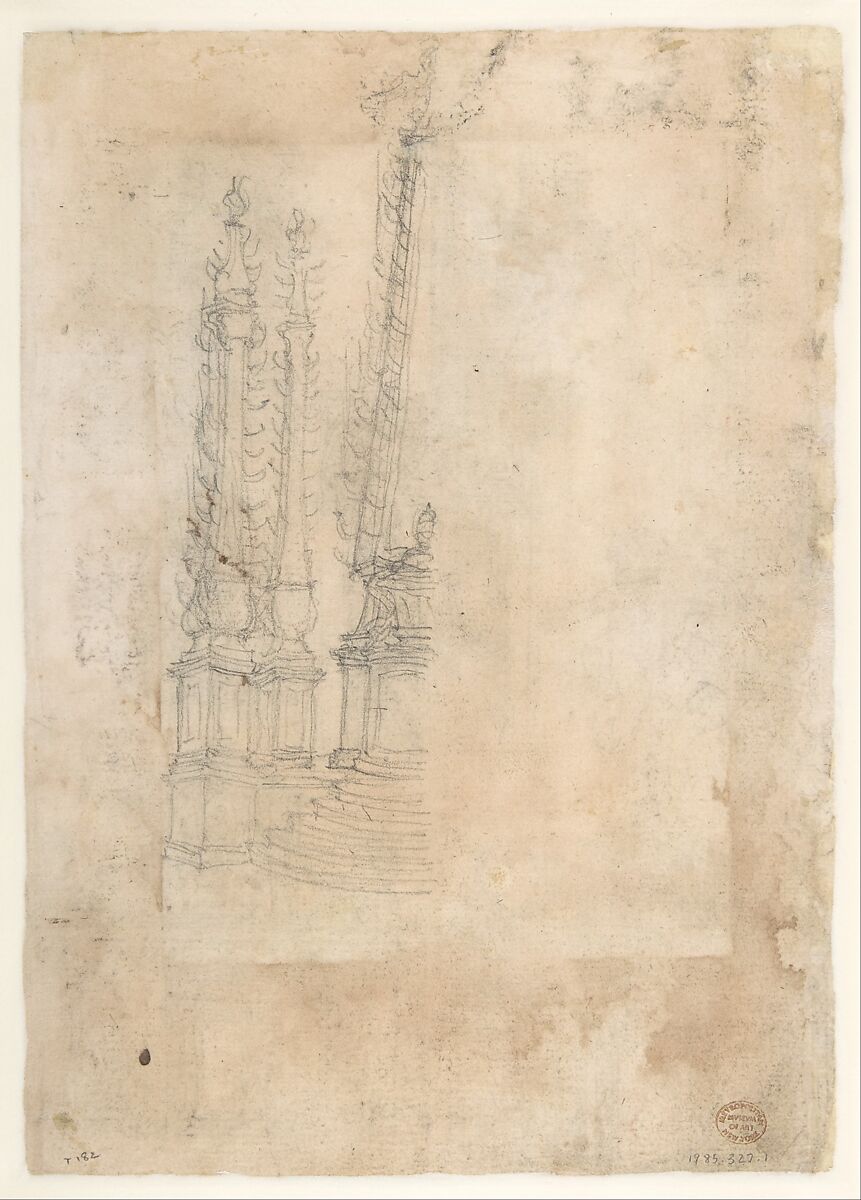 A Sheet of Studies with Architectural Motifs and Two Sketches for a Visitation (recto); Sketch for a Funerary Monument (verso), Giovanni Battista Foggini (Italian, Florence 1652–1725 Florence), Pen and brown ink, over black chalk (recto); black chalk (verso)
