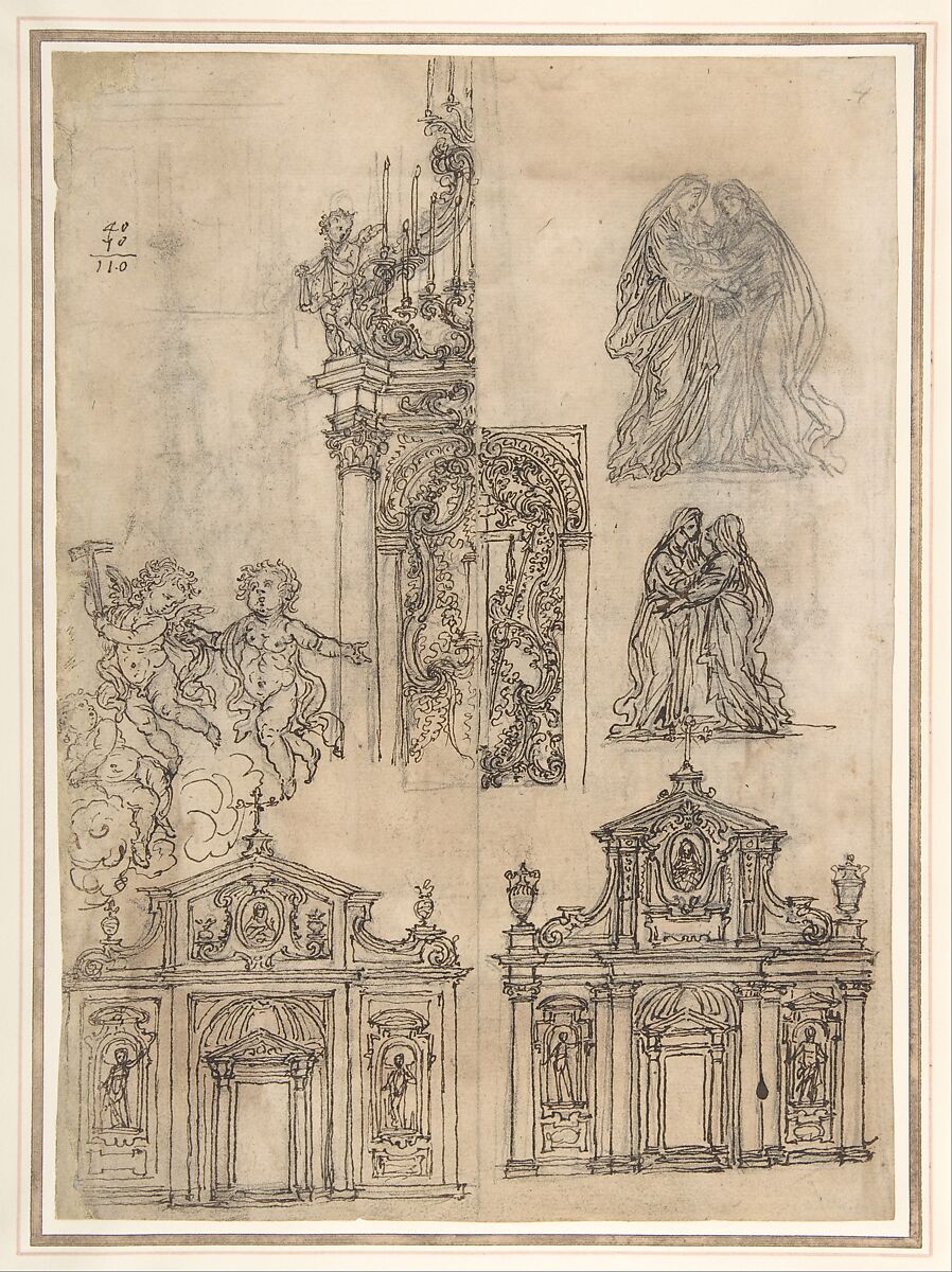 A Sheet of Studies with Architectural Motifs and Two Sketches for a Visitation (Recto). Sketch for a Funerary Monument (Verso), Giovanni Battista Foggini (Italian, Florence 1652–1725 Florence), Pen and brown ink, over black chalk (recto); black chalk (verso) 