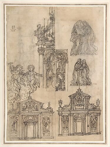 A Sheet of Studies with Architectural Motifs and Two Sketches for a Visitation (Recto). Sketch for a Funerary Monument (Verso)