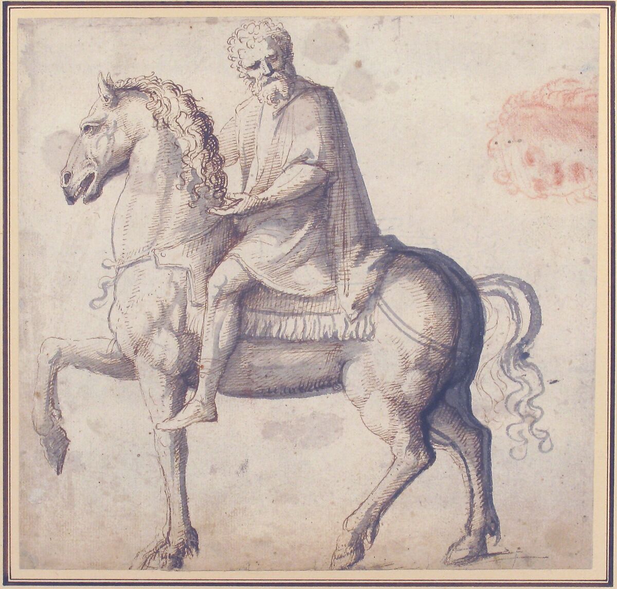Man on Horseback, Study of a Man's Head (recto); Head of a Young Woman (verso), Attributed to Marcello Fogolino (Italian, Vicenza 1483/88–after 1548 Trent), Pen and brown ink, brush and gray wash (the man on horseback), red chalk (the man's head at upper right) (recto); black chalk on blue-washed paper (verso)