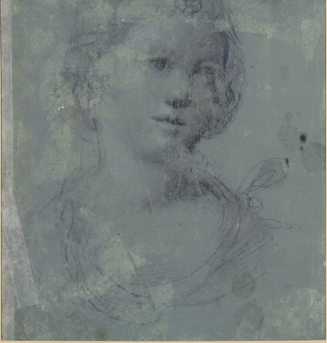 Man on Horseback, Study of a Man's Head (recto); Head of a Young Woman (verso), Attributed to Marcello Fogolino (Italian, Vicenza 1483/88–after 1548 Trent), Pen and brown ink, brush and gray wash (the man on horseback), red chalk (the man's head at upper right) (recto); black chalk on blue-washed paper (verso)