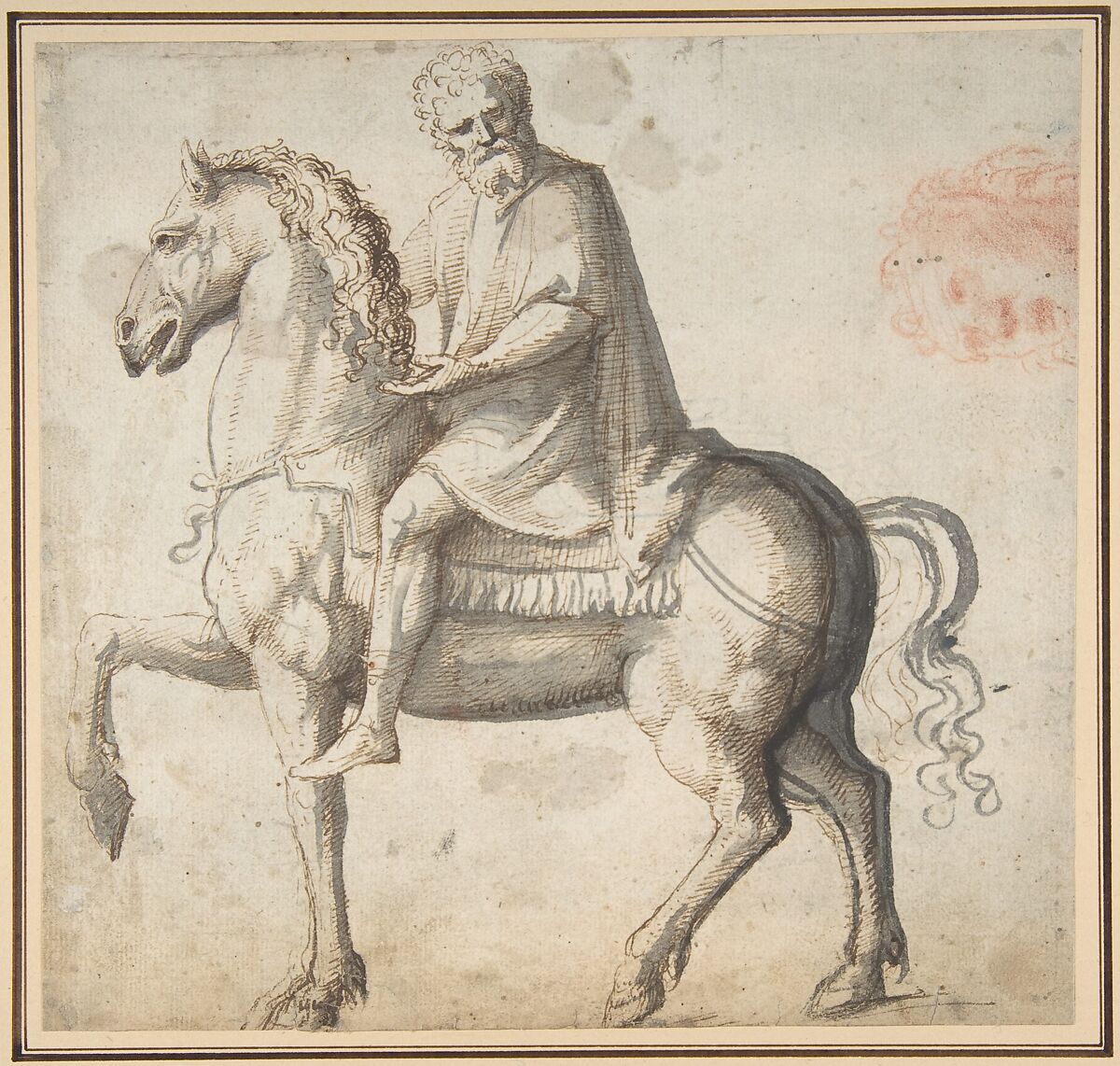 Man on Horseback, Study of a Man's Head (recto); Head of a Young Woman (verso), Attributed to Marcello Fogolino (Italian, Vicenza 1483/88–after 1548 Trent), Pen and brown ink, brush and gray wash (the man on horseback), red chalk (the man's head at upper right) (recto); black chalk on blue-washed paper (verso) 