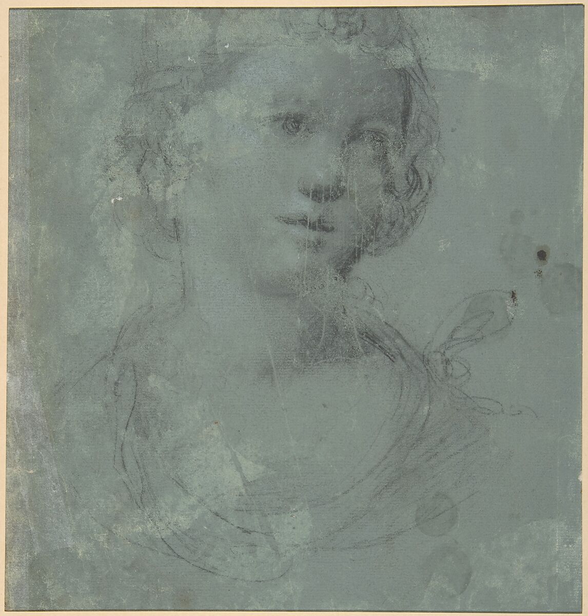 Man on Horseback, Study of a Man's Head (recto); Head of a Young Woman (verso), Attributed to Marcello Fogolino (Italian, Vicenza 1483/88–after 1548 Trent), Pen and brown ink, brush and gray wash (the man on horseback), red chalk (the man's head at upper right) (recto); black chalk on blue-washed paper (verso)