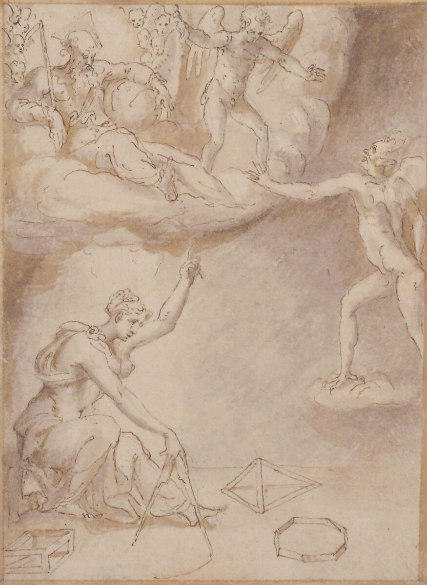 An Allegory: Female Figure with a Compass, God the Father Seated on Clouds, and a Demon, Prospero Fontana (Italian, Bologna 1512–1597 Bologna), Pen and brown ink, brush and gray wash, over black chalk; framing lines in pen and brown ink, brush and brown wash