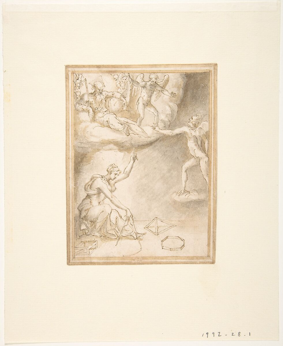 An Allegory: Female Figure with a Compass, God the Father Seated on Clouds, and a Demon, Prospero Fontana (Italian, Bologna 1512–1597 Bologna), Pen and brown ink, brush and gray wash, over black chalk; framing lines in pen and brown ink, brush and brown wash 