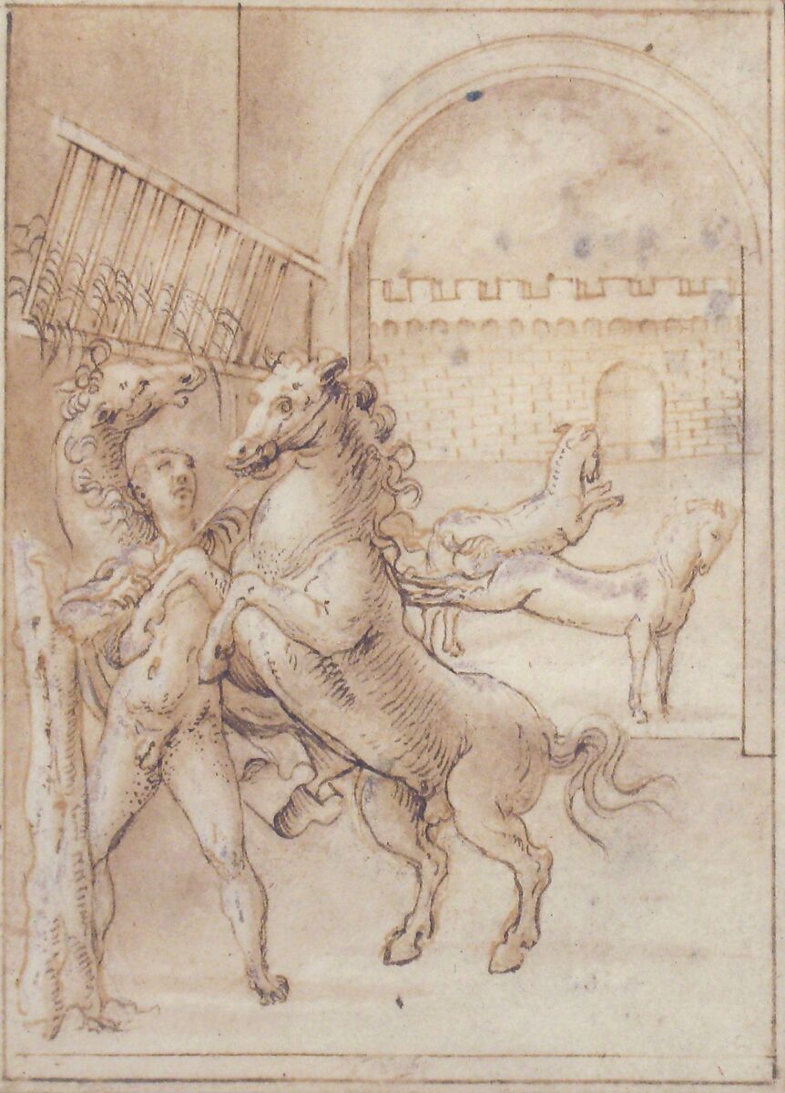 An Allegory: Male Nude in a Stable with Four Wild Horses, Prospero Fontana (Italian, Bologna 1512–1597 Bologna), Pen and brown ink, brush and gray wash, over black chalk; framing lines in pen and brown ink