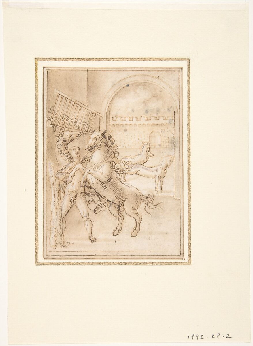 An Allegory:  Male Nude in a Stable with Four Wild Horses, Prospero Fontana (Italian, Bologna 1512–1597 Bologna), Pen and brown ink, brush and gray wash, over black chalk.  Framing lines in pen and brown ink 