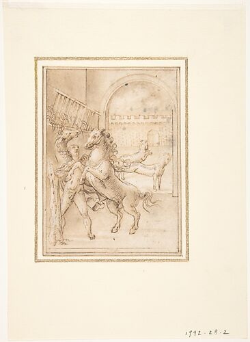 An Allegory:  Male Nude in a Stable with Four Wild Horses