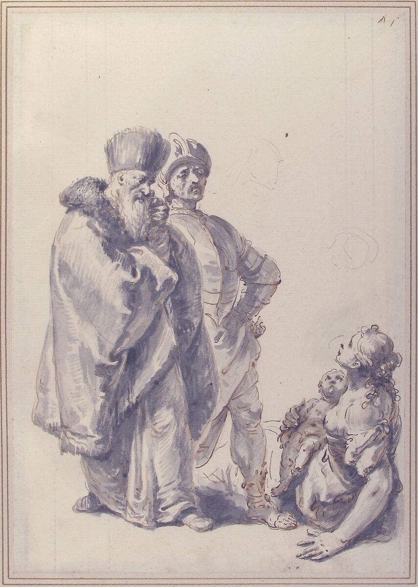 Two Standing Male Figures and Seated Woman with a Child, Francesco Fontebasso (Italian, Venice 1707–1769 Venice), Pen and brown ink, brush with brown and gray wash, over black chalk. Vertical ruled stylus lines at left and right