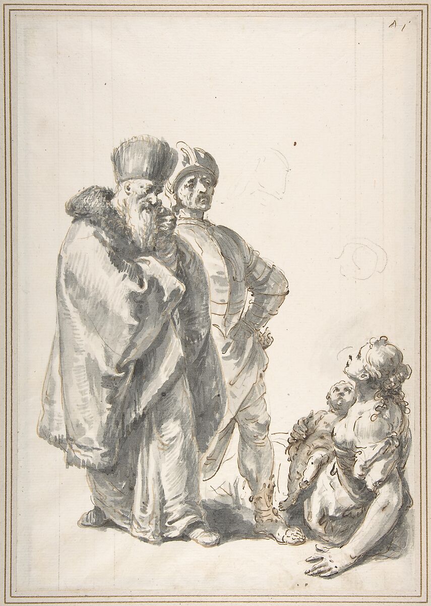 Two Standing Male Figures and Seated Woman with a Child, Francesco Fontebasso (Italian, Venice 1707–1769 Venice), Pen and brown ink, brush with brown and gray wash, over black chalk. Vertical ruled stylus lines at left and right 