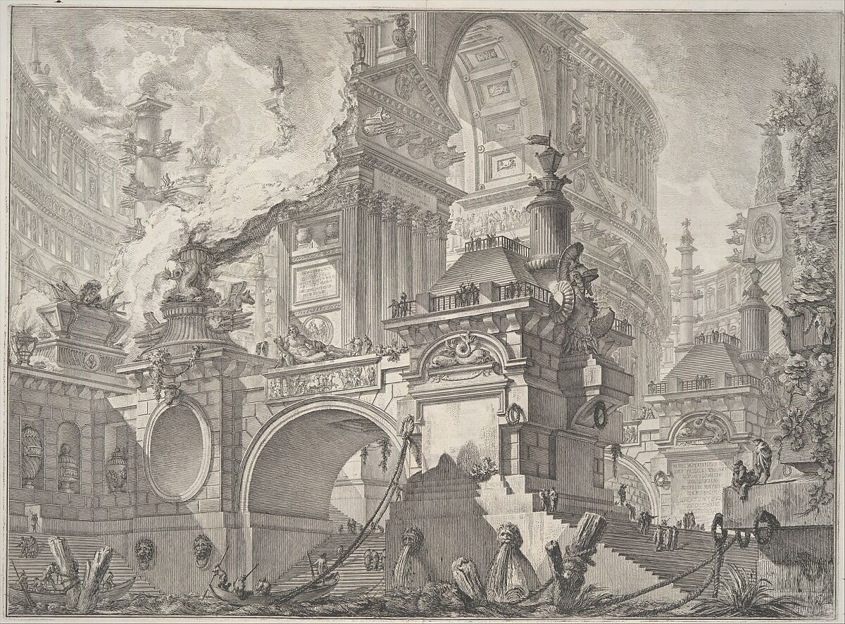 Parte di ampio magnifico Porto all'uso degli antichi Romani, ove si scuopre l'interno della gran Piazza pel Comercio... (Part of a spacious and magnificent Harbor for the use of the ancient Romans opening onto a large market square...), from "Opere Varie di Archiettura, prospettive, grotteschi, antichità; inventate, ed incise da Giambattista Piranesi Architetto Veneziano" (Various Works of Architecture, perspectives, grotesques, and antiquities; designed and etched by Giambattista Piranesi, Venetian Architect), Giovanni Battista Piranesi (Italian, Mogliano Veneto 1720–1778 Rome), Etching, engraving, drypoint; second state of seven (Robison)
